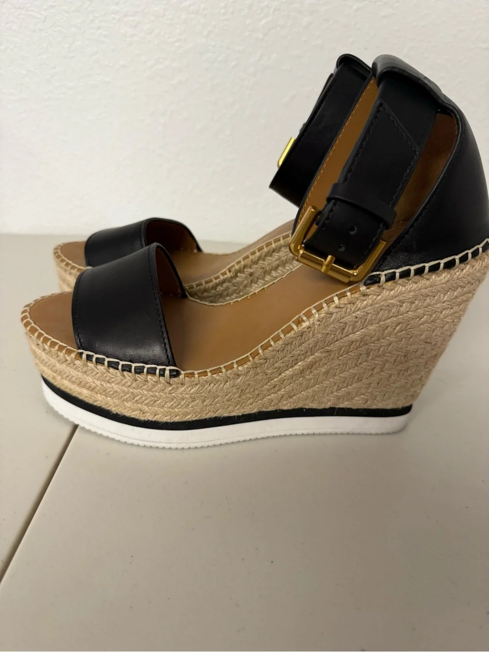 See By Chloé Glyn Black Leather Espadrille Wedge Sandals Size 8 / 38